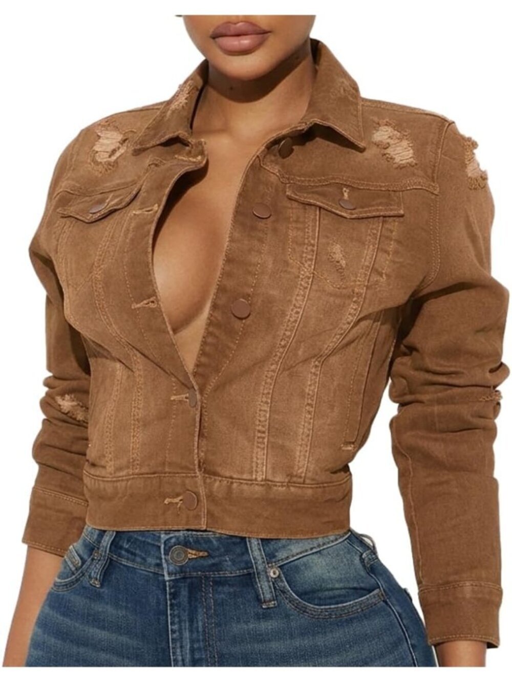 Women's Brown Denim Fall Long Sleeve Classic Distressed Butterfly Jean Jackets